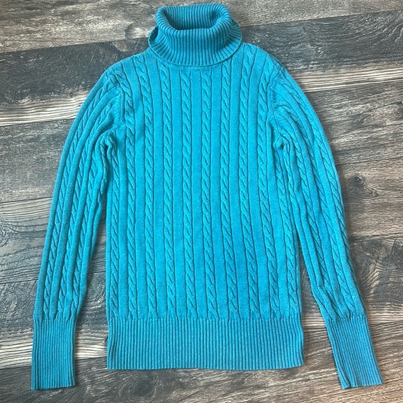 Eddie Bauer Blue Cable Knit Turtleneck Sweater Women Size M - Picture 1 of 7
